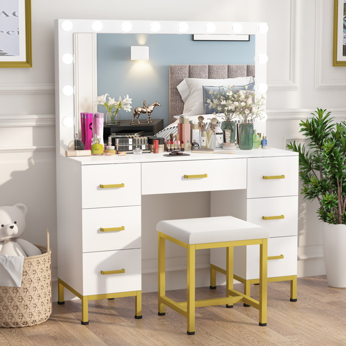 Everly Quinn 44'' Large Makeup Vanity with LED Bulbs & Reviews Wayfair